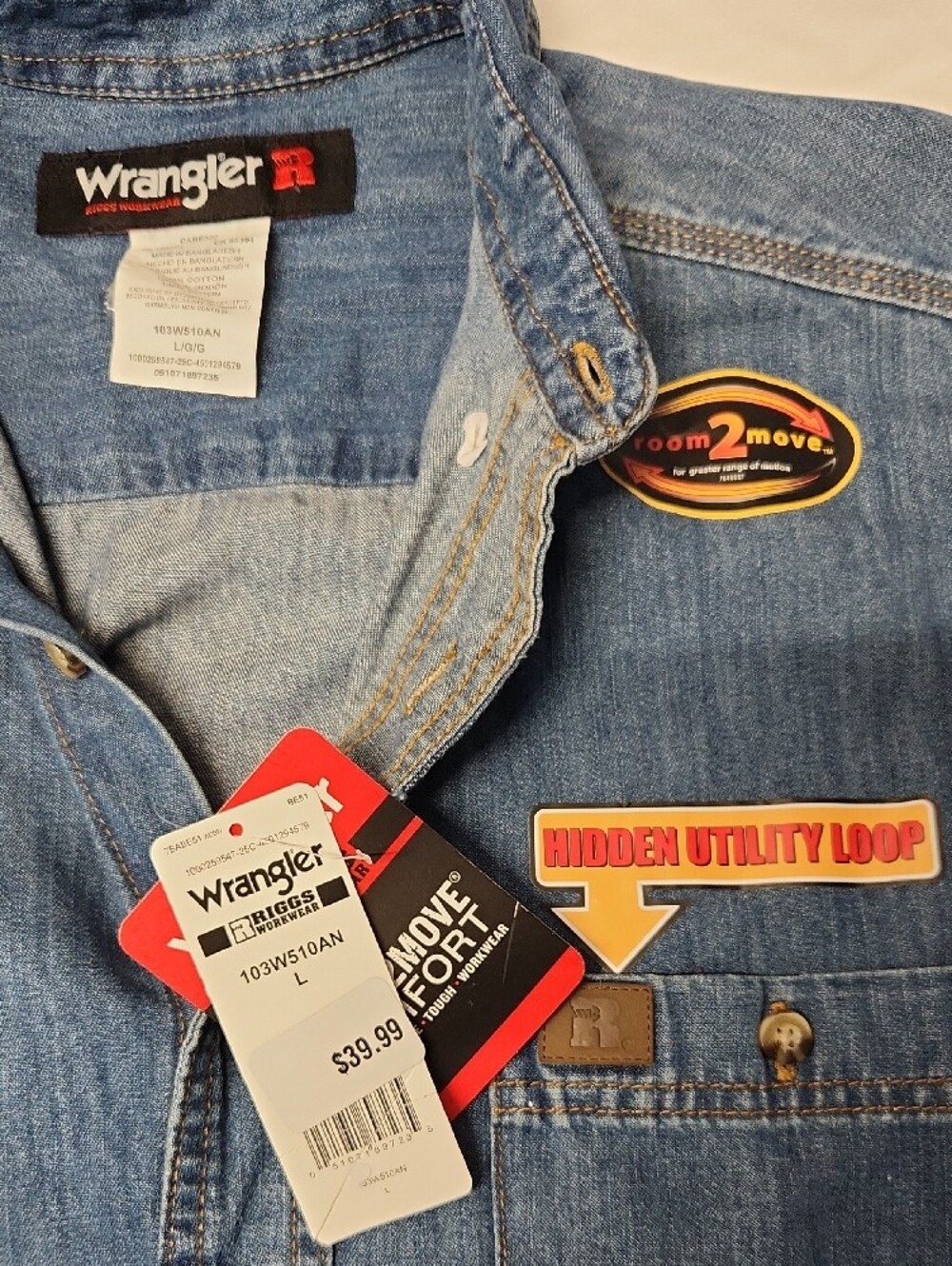 Wrangler Riggs Workwear Blue Denim Button-Front Work Shirt (L) NWT - Picture 11 of 12